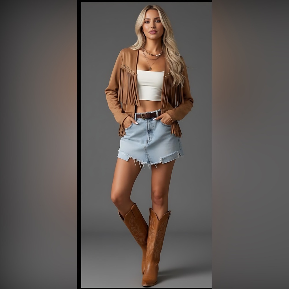 Studded Fringe Trim Light Jacket Brown